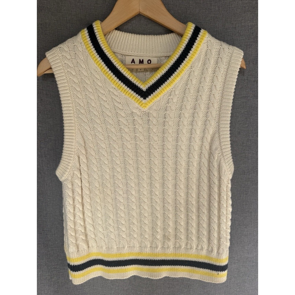 AMO Cream Cable Knit Sleeveless Sweater Vest with Yellow and Black Trim